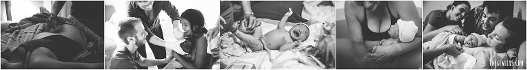 laboring woman in black and white, new born crying with cord attached, waterbirth