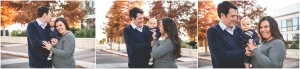 family of three hug in front of beautiful fall leaves austin texas photographer