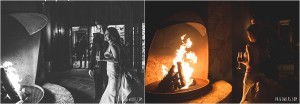 bride and groom in front of fire pit
