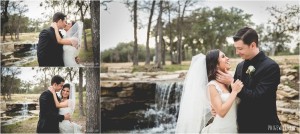 bride and groom portrait in front of waterfall dripping springs