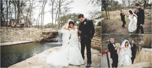 bride and groom portrait in front of waterfall dripping springs