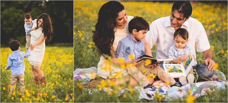 family reading in yellow flowers