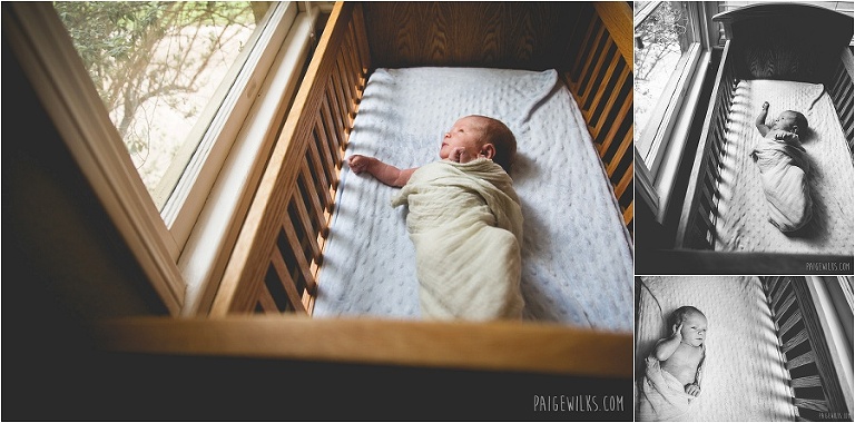 baby in cradle looks out window